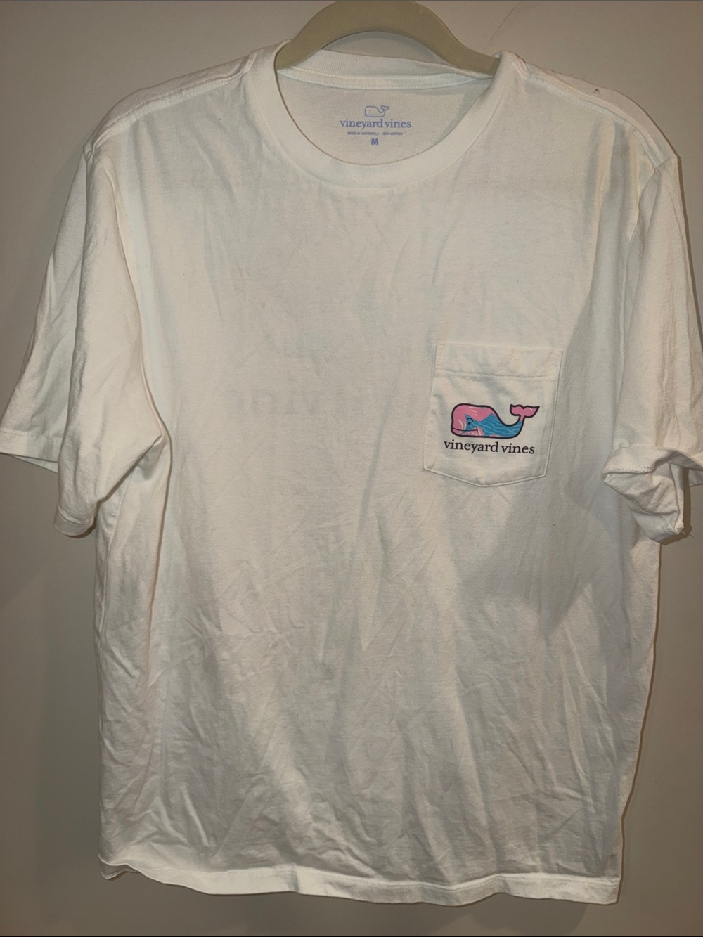 Vineyard Vines White Short Sleeve Pocket Tee with Pink & Blue Whale
